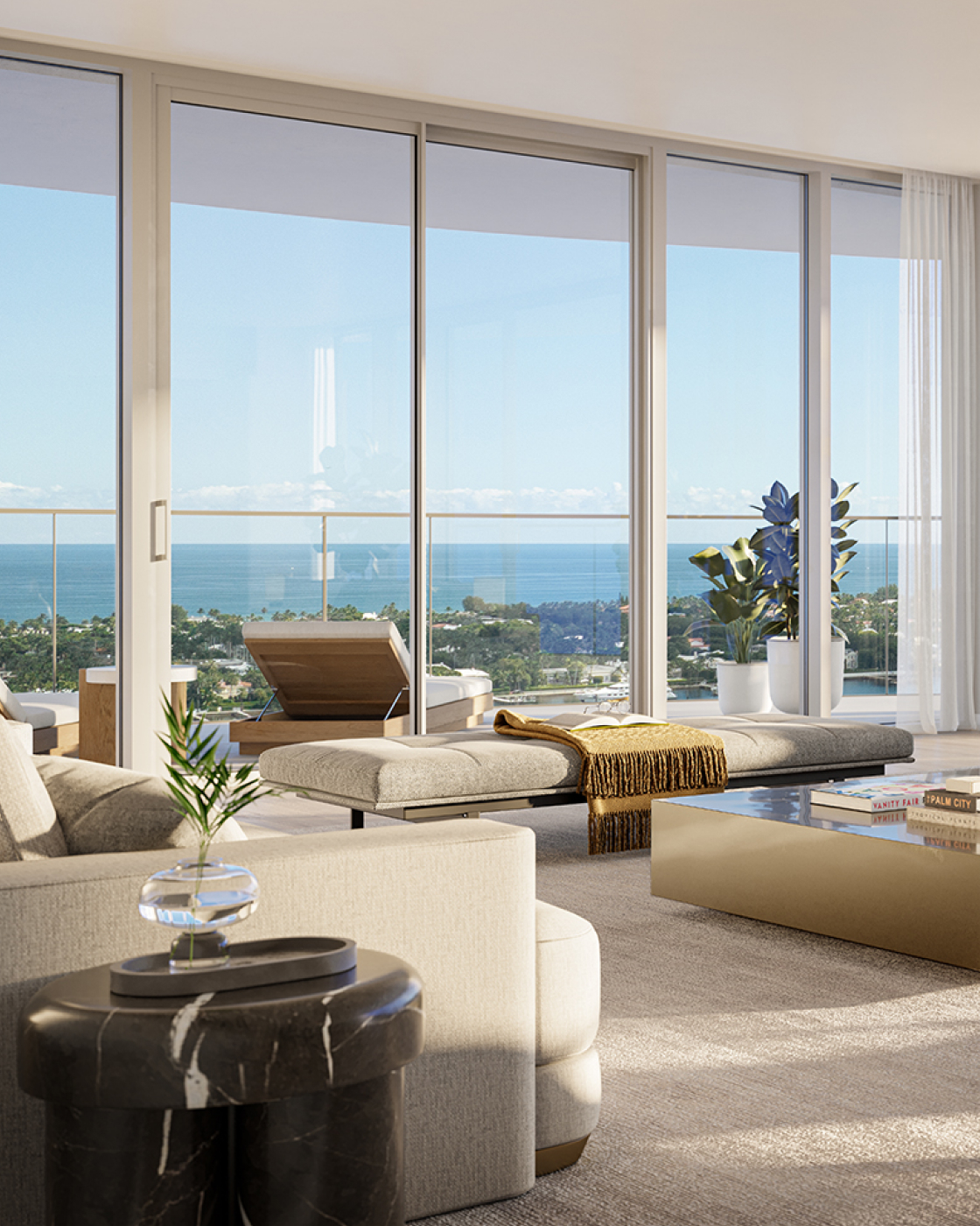 luxury interiors of living room with views of the ocean