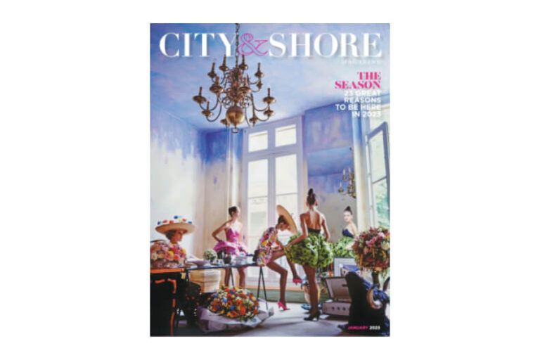city and shore magazine color featuring an illustration of women under a chandelier