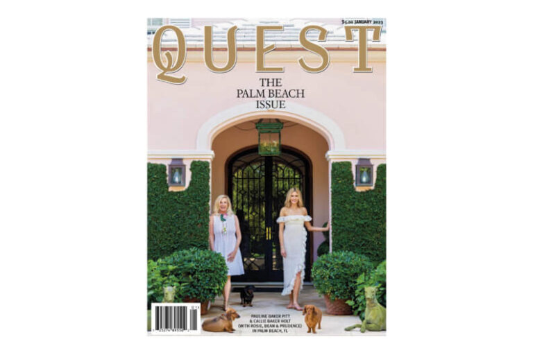 Quest Magazine cover featuring two women and their dogs in front of Ann elegant entrace