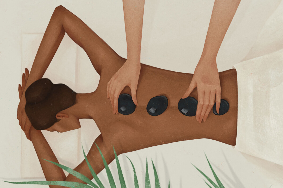 Illustration of a woman lying on massage bed and getting a stone treatment