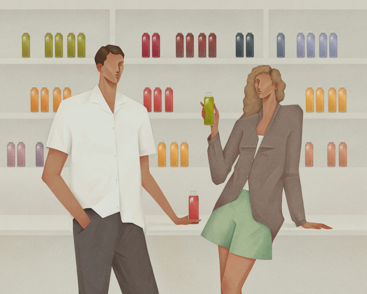 illustration of man and women at a juice bar drinking bottled juice and chatting