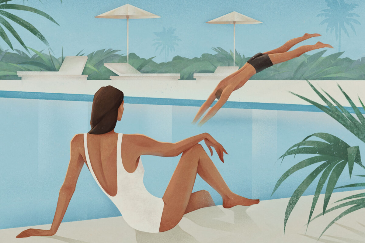 Illustration of women laying and relaxing by the pool while watching a men dive in