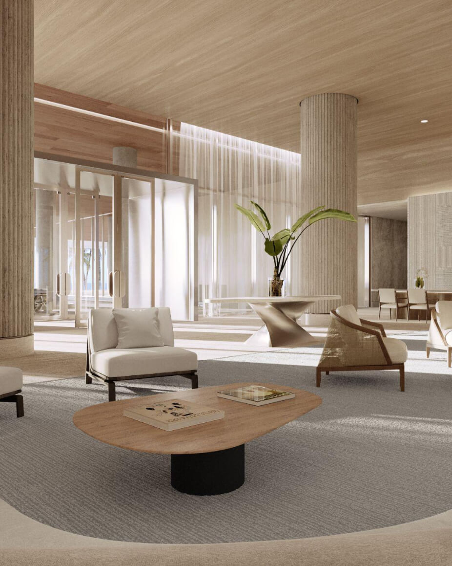 interior shot of lobby area showcasing minimal and luxury furniture