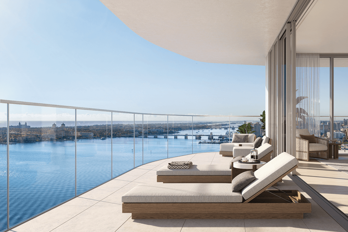 lounge beds in modern balcony with views of the ocean