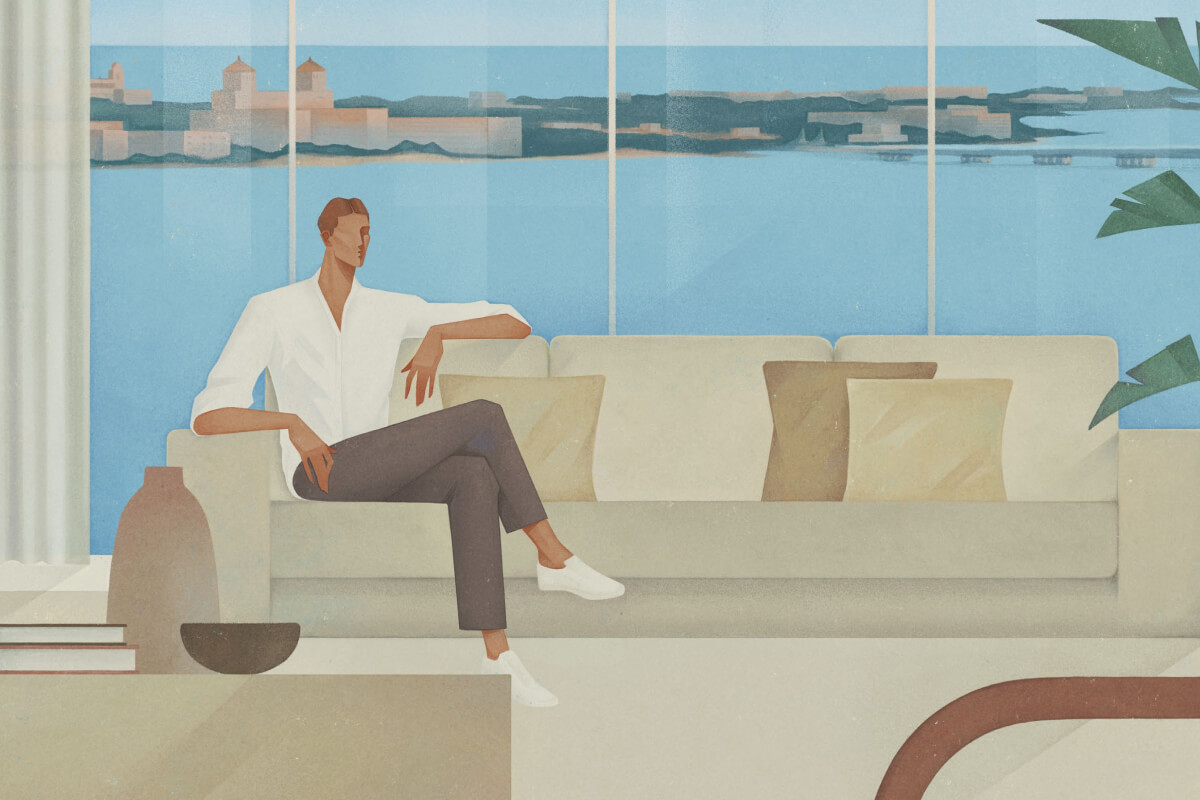 illustration of man lounging in a couch with background views of the ocean