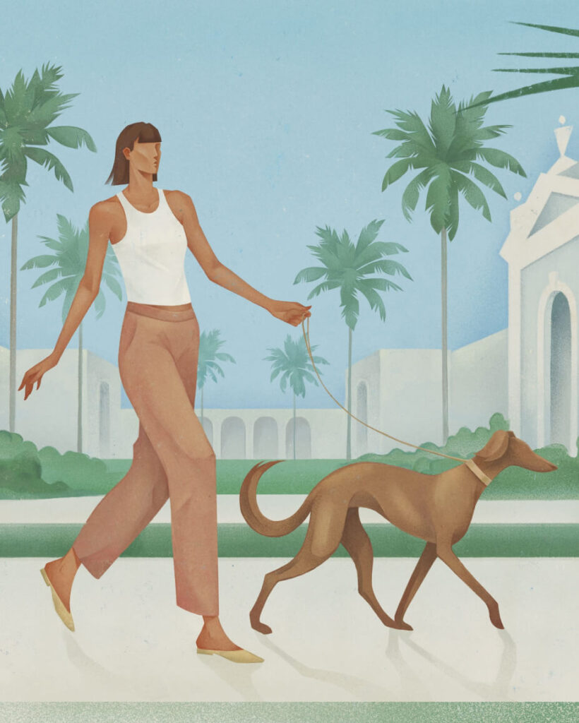 illustration of a woman walking a medium size dog with palms in the background