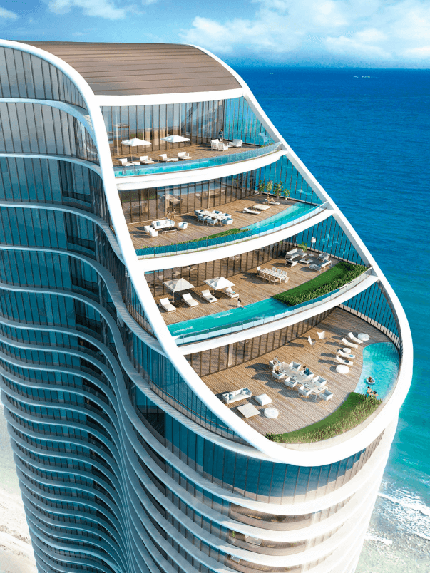 views of a oceanfront condo penthouse floors featuring private terraces with outdoor pools