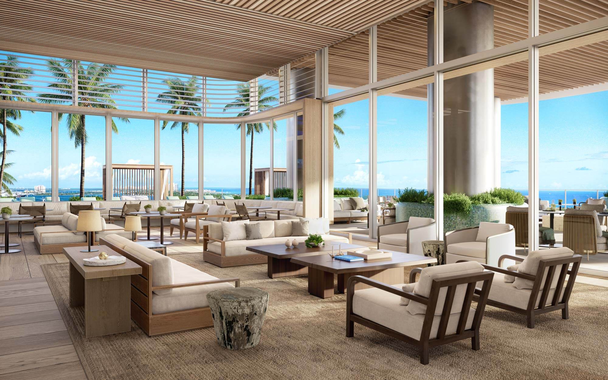 luxury interiors of lounge with views of the ocean
