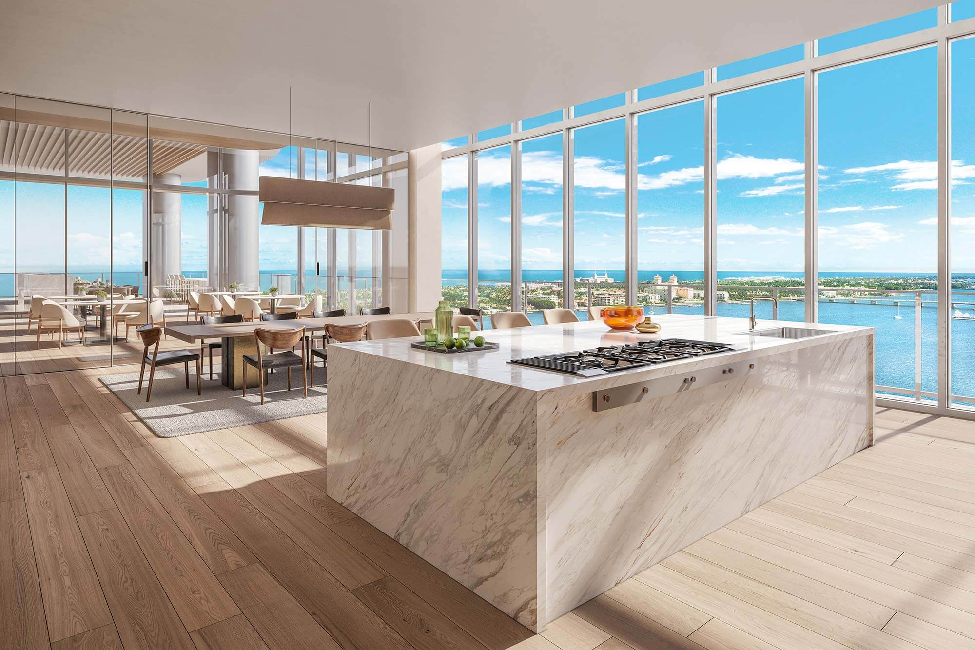 Modern kitchen with views of palm beach
